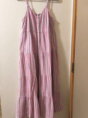 100% Cotton Pink Stripe Tiered Maxi Dress Medium Cottagecore